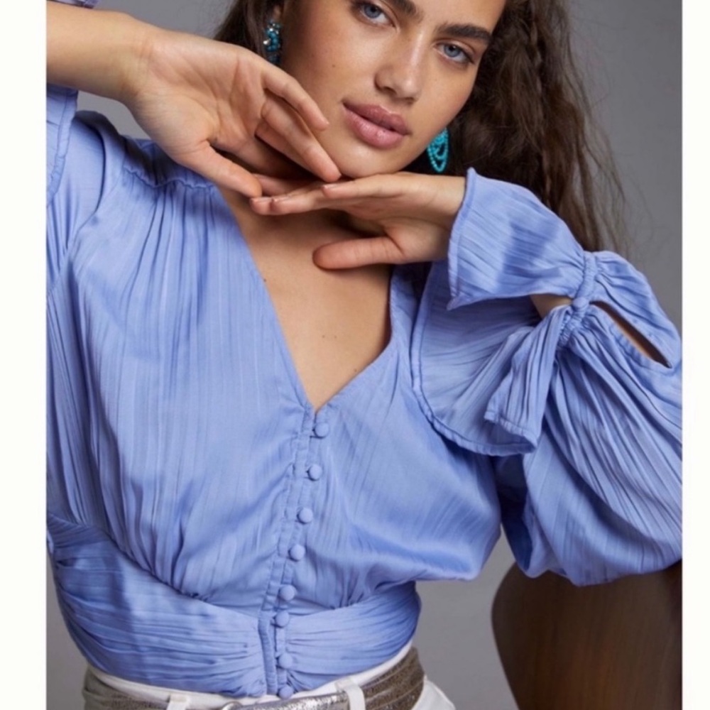 Anthropologie Blue Silky Balloon Sleeve Blouse